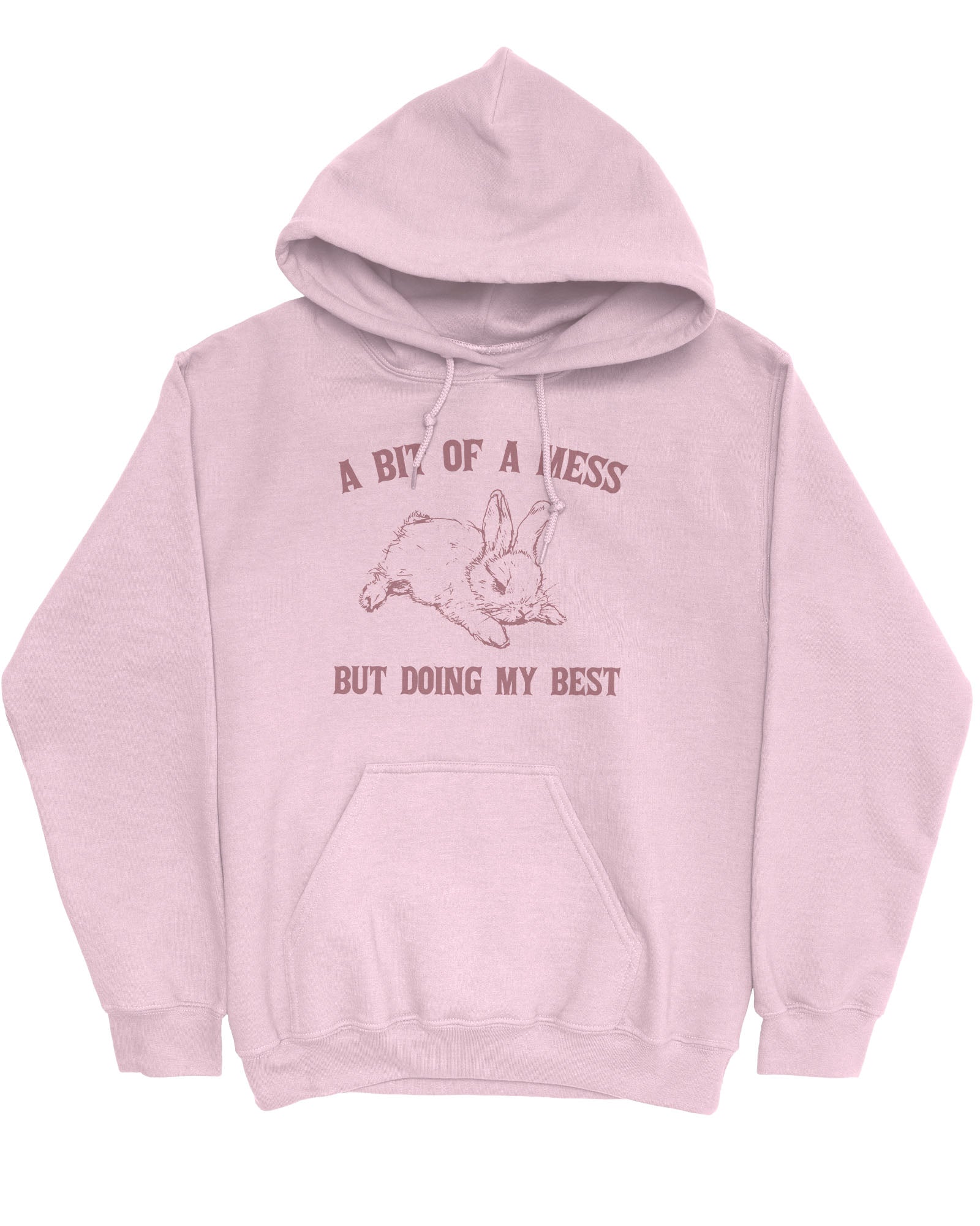 Flat lay of a light pink hoodie featuring the phrase 'A Bit Of A Mess But Doing My Best' with a retro bunny line art graphic.